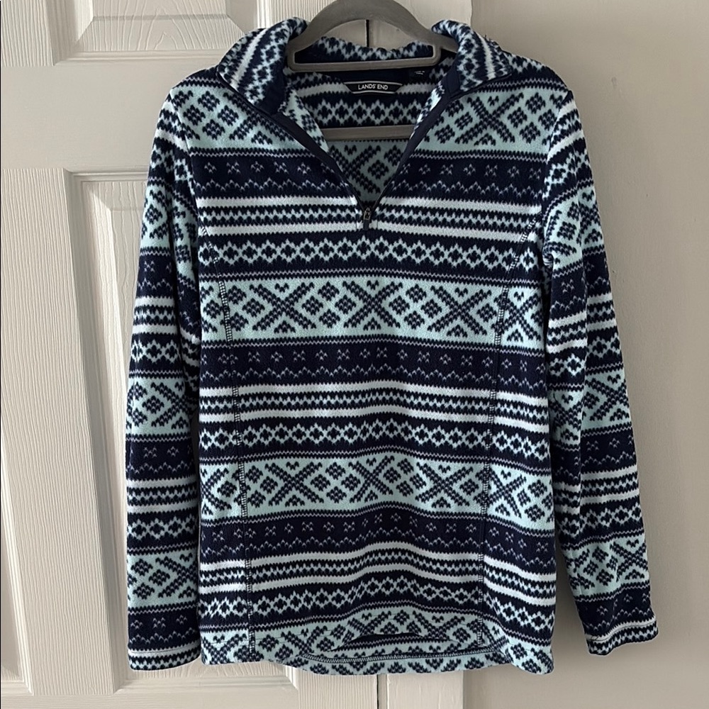 Lands' End Navy and Light Blue Geometric Quarter Zip Fleece